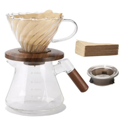 Immagine di Lalord Caffettiera Pour Over in Vetro Borosilicato da 600 ml, con Filtro di Carta 02 100 Pezzi, Collare Noce e Coperchio Vetro, a Goccia, 1 3 Tazze, Trasparente