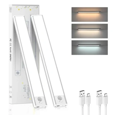 Immagine di Moman Luce LED Sottopensile, 30CM/2Pcs Armadio con Sensore Lampada Ricaricabile USB C senza Fili 3 Colori/2 Modes Luci Cucina Dimmerabile, Sottopensile