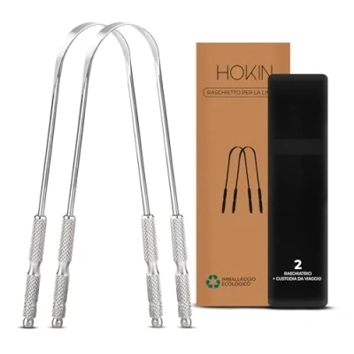 Immagine di HOKIN Raschietto Lingua per adulti Pulisci in acciaio antimacchia Combatti Alito Cattivo 100% Metallo Tongue Scraper Cleaner Nettalingua Spazzola uomini e donne (Confezione da 2 Pezzi)