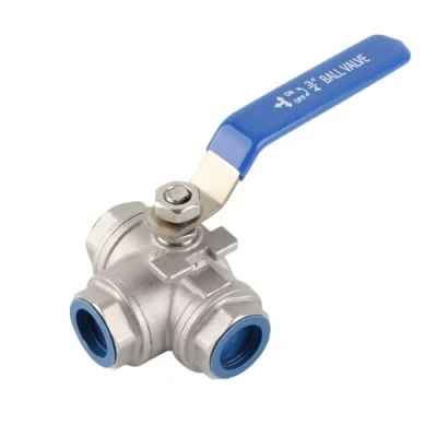Immagine di valvola a sfera 3 vie in acciaio inox Sus304 tubo tre T filettatura femmina 3/4 &quot;Dn20 con maniglia di bloccaggio vinile