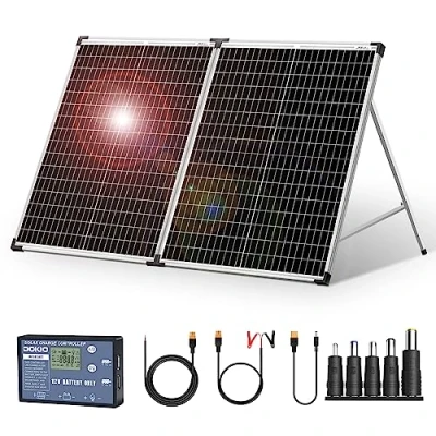 Immagine di DOKIO Pannelli solari pieganti del Portatile 100 Watt con regolatore Perfetti per 12 Volt Batteria Camper e Caravan Campeggio Jardin RV Yacht Shed furgoni Barca