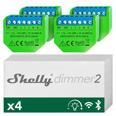 Immagine di Shelly Dimmer 2, Interruttore Varialuce Wi Fi, con Cavo 10 220 W per LED, Incadescenza, Alogene Dimmerabile, Nessun Neutro richiesto, Alexa e Google Home, App iOS Android (4 pezzi)