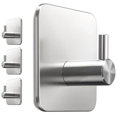 Immagine di Menz Portasciugamani senza foratura, set da 4 pezzi, colore: argento ganci adesivi impermeabili ideali per il bagno, in acciaio inox, extra forti autoadesivi, parete di alta qualità