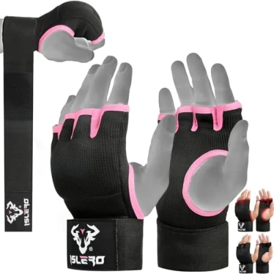 Immagine di Islero Fasce per le mani da boxe, 93 cm, con cinghie polso lunghe e rapide, interno in gel, elasticizzate, muay thai, MMA, arti marziali, punching bag, allenamento (S/M, rosa)