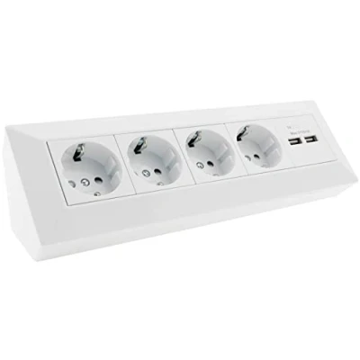 Immagine di ChiliTec presa multipresa a 4 prese da cucina con 2 porte USB 3,1 A, 250 V di terra, angolare per cucina, ufficio, officina, colore bianco