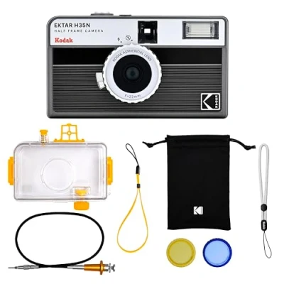 Immagine di KODAK EKTAR H35N Kit fotocamera a pellicola mezza cornice,riutilizzabile da 35mm,custodia impermeabile,rilascio cavo,filtri colorati,flash,viaggi(pellicola e batteria AAA non incluse)(Nero)