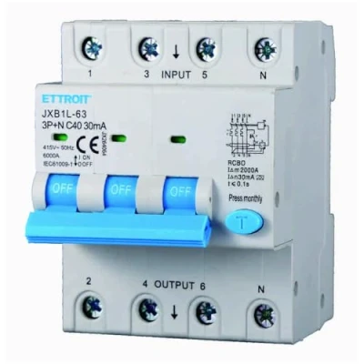 Immagine di Interruttore magnetotermico differenziale salvavita, 3P+N, occupa 4 moduli DIN, 380V 415V, 40A C40, 30mA, 6KA 6000A, RCBO, classe A