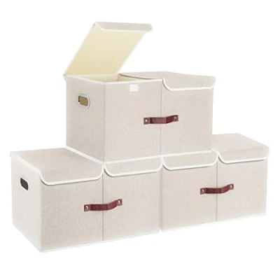 Immagine di TYEERS Extra Grandi Scatole Portaoggetti a Scomparti, Tessuto, Pieghevole, Contenitore 55x33x30 cm, Set di 3, Beige