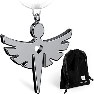 Immagine di Fabach, portachiavi a forma di angelo custode con cuore, elegante ciondolo in metallo argento, portafortuna, regalo per auto, patente guida, guida attenzione, 1 x argento (lucido)
