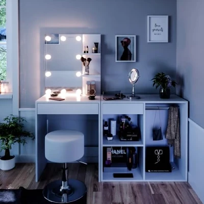Immagine di Vicco tavolo da toeletta Isabelle, Bianco, 140 cm con LED, sgabello e armadio