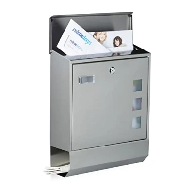 Immagine di Relaxdays Cassetta Postale con Scomparto per Giornali, Portalettere, in Acciaio Inox, HxLxP: 42 x 35 12,5 cm, Argento, Metallo, Set da 1 pz