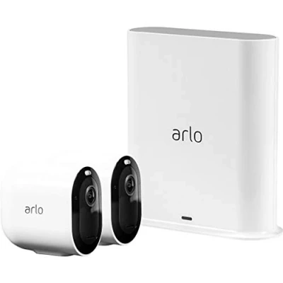 Immagine di Arlo Pro3, 2 Telecamere di videosorveglianza wi fi 2K HDR, con faro e allarme, Visione Notturna a Colori, audio, interno ed esterno, Prova Secure Inclusa, Bianco
