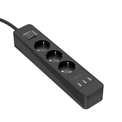 Immagine di KabelDirekt ciabatta 3 uscite con porte di carica USB max. 4,8A, portata fino, 4000W, 250V, 16A, certificata TÜV e GS, limitazione sovratensione, protezione bambini, Nero
