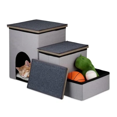 Immagine di Relaxdays Scaletta a 3 Gradini con Cuccia per Cani e Gatti, Scala Letto Divano, Box, HLP 41,5x72x33 cm, Grigio, Poliestere