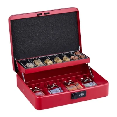 Immagine di Relaxdays Cassetta con Combinazione Numerica a 3 Cifre, per Banconote, Scomparto Monete, 8,5x30,5x25 cm, Rosso, Acciaio