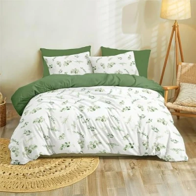 Immagine di Dreamzie Copripiumino Matrimoniale 200x200 cm con 2 Federe 80x80 Motivo Botanico Verde Salvia Set