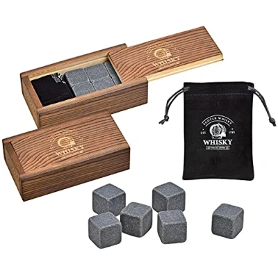 Immagine di WOMA Set di 6 cubetti refrigeranti in basalto con sacchetto velluto e scatola legno alta qualità, ghiaccio riutilizzabili per whisky, vodka gin rum, tequila cocktail