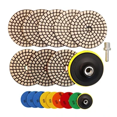 Immagine di HIGHDRIL Diamante Lucidatura Pad 8pcs (#50x3/100x2/200/400/800) 100MM con supporto in plastica+adattatore M14 Granito Pietra Marmo Pavimento Kit per Trapano Smerigliatrice Lucidatrice