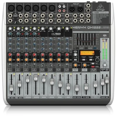 Immagine di Behringer XENYX QX1222USB Mixer Premium a 16 ingressi 2/2 bus con preamplificatori microfonici e compressori XENYX, processore Klark Teknik Multi FX, opzione wireless interfaccia USB/audio
