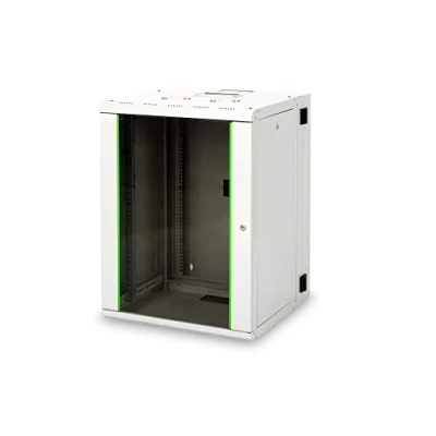 Immagine di Armadio di rete DIGITUS 19 pollici 16 U Orientabile Montaggio a parete Portata 100 kg Serie Unique Porta in vetro Grigio