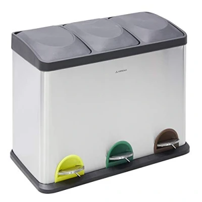 Immagine di Arregui Step Bin CR705 45 L Pattumiera Differenziata 3 Scomparti x 15 (45 L) per Raccolta a Pedale Cestino Spazzura da Cucina e Ufficio in Acciaio Inox
