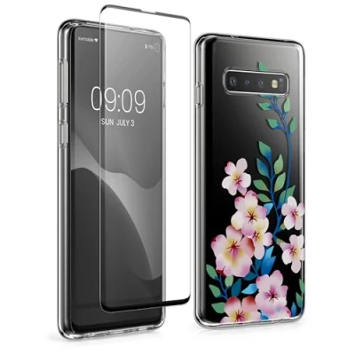 Immagine di kwmobile Custodia Morbida Compatibile con Samsung Galaxy S10 Cover Case Trasparente e Pellicola Vetro Temperato Protezione Schermo Fiori di Ciliegio