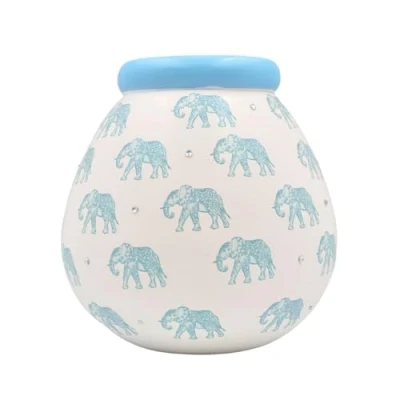 Immagine di Pot of Dreams Salvadanaio a forma di elefante blu, realizzato mano, in ceramica, colore bianco, regalo decorativo perfetto per centrotavola soggiorno e camera da letto