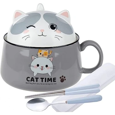 Immagine di lachineuse Ciotola per Ramen giapponese Con coperchio gatti Kawaii spaghetti istantanei e colazione posate Idea regalo anime Giappone cinese bambini
