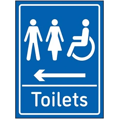 Immagine di VSafety Cartello per WC misto, con freccia sinistra, 150 x 200 mm, in vinile autoadesivo blu