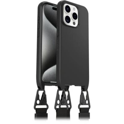 Immagine di Otterbox Cover React Lanyard con MagSafe per iPhone 15 Pro, resistente a shock cordone da collo, adattabile e intercambiabile, testata norme MIL STD 810G, Nero, Senza Retail Package
