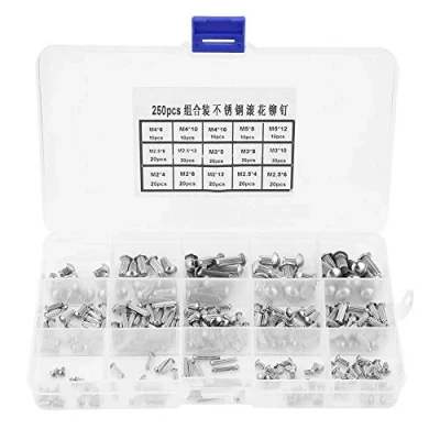 Immagine di 250pcs M2 M5 rivetti in acciaio inox testa tonda rotonda rivetto zigrinato gambo dadi solido assortimento