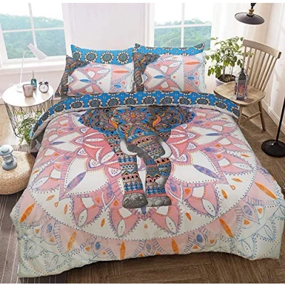 Immagine di Sleepdown Set di biancheria da letto con copripiumino e federe, motivo: elefante mandala, colore: rosa/blu, reversibile, facile lavare, anallergico, morbido liscio, king size