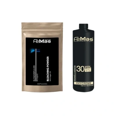 Immagine di FemMas set di biondi in polvere con olio argan 500 g e sviluppatore 9% 1 l, iniziale perfetto per schiarire la casa, una bionda fino a 7 livelli tono qualità salone