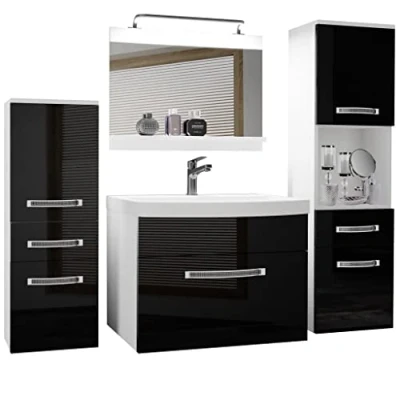 Immagine di Belini Set completo di mobili da bagno con lavabo, mobiletto per lavabo e specchio, colore: nero lucido