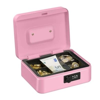 Immagine di Relaxdays Cassetta con Combinazione, 3 Cifre, Porta Soldi, Valigetta in Ferro, Portavalori, 8,5x20x17 cm, Rosa