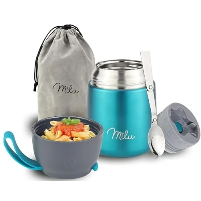 Immagine di Milu Thermo per Alimenti 300ml 440ml 450ml 650ml 800ml I Contenitore Termico di Acciaio Inossidabile, Isotermico Sottovuoto Cibi Caldi e Freddi (Verde, 800ml)