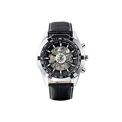 Immagine di JewelryWe Orologio da Polso Uomo Meccanico Cinturino in Acciaio inossidabile e Cuoio, Quadrante Trasparente