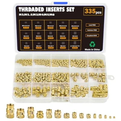 Immagine di Philtool 335 pezzi inserti filettati M2 M2.5 M3 M4 M5 M6 in ottone, filettatura interna, dadi zigrinati con scatola di smistamento per parti plastica mediante fusione pressione 3D