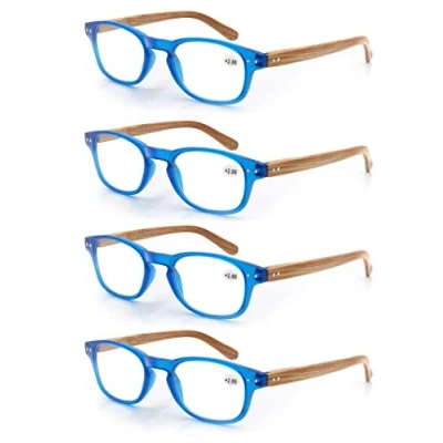 Immagine di MODFANS Confezione da 4 occhiali lettura 2.5 per uomo/donna, Cerniera a molla,leggera,effetto legno, lente trasparente con custodia,blu