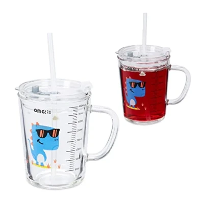 Immagine di Relaxdays Set da 2 Tazze per Bambini, Bicchieri Bimbi, con Cannuccia Manico e Tappo, 400 ml, Dinosauro, Trasparente