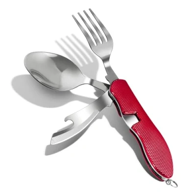 Immagine di ZIMAIC set di Posate pieghevoli multifunzionali 4 in 1, Stoviglie per utensili da campeggio all&#039;aperto, portatili, acciaio inossidabile, viaggi rosso