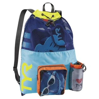 Immagine di TYR Big Mesh Mummy Sacca a Rete per Piscina, Blu/Giallo Fluo