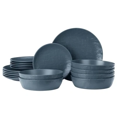 Immagine di Navaris Servizio Piatti da 6 Persone Set di 18 Moderni Colorati Particolari Accessori Cucina Stile Moderno Servizi Tavola in Ceramica Gres Blu Fumo Effetto Lino