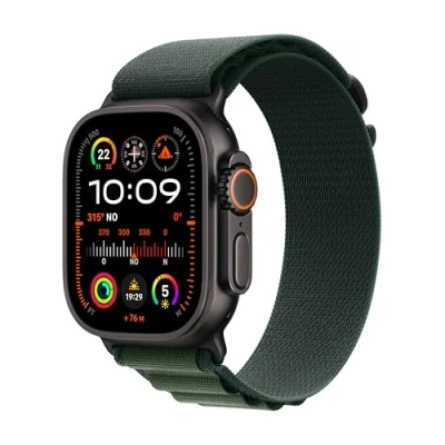 Immagine di Apple Watch Ultra 2 GPS + Cellular 49 mm Sportwatch con robusta cassa in titanio Nero e Alpine Loop Verde scuro Medium. Fitness tracker, di precisione, tanta autonomia, luminoso display Retina