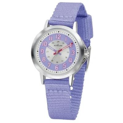Immagine di Atrium Orologio da polso per bambini, analogico, al quarzo, extra chiaro, con cinturino in nylon, colore argento, lilla A46 18, Lilla, Classico
