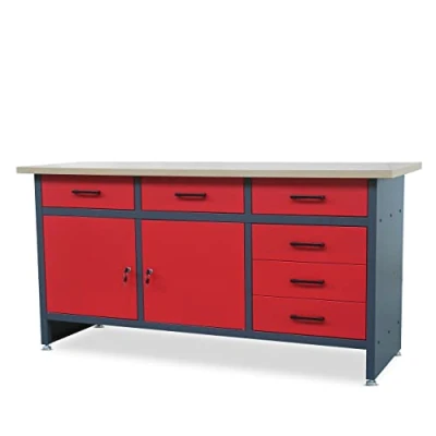 Immagine di Banco da lavoro con Piano di 6 cassetti 2 scomparti chiave Piedi regolabili In MDF Caricabile fino a 500 kg metallo 170 cm x 60 85 (Antracite Rosso)