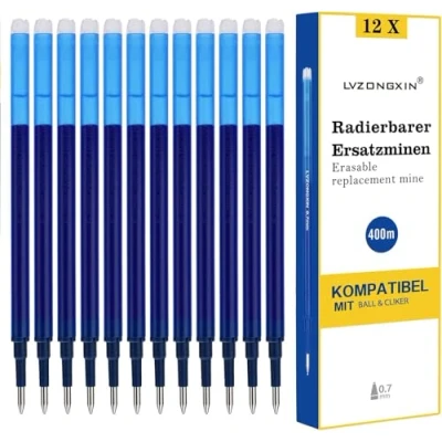 Immagine di LVZONGXIN [Confezione da 12] Ricariche migliorate, compatibili con Pilot [Blu], roller cancellabile, lunghezza di scrittura 400 m, punta 0,7 mm