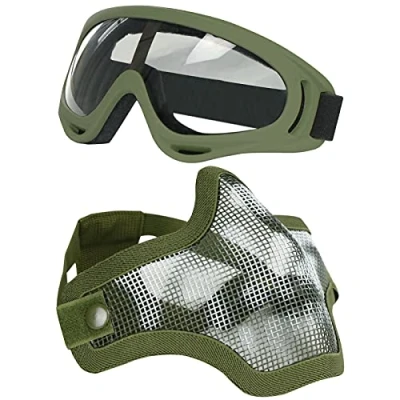 Immagine di Aoutacc Maschere e Occhiali da Sole Airsoft, Mezza Faccia Maschera in Maglia Piena di Acciaio per CS/Caccia/Paintball/Tiro (OD Skull)