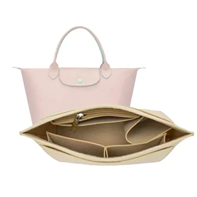Immagine di D.DUO organizer per borsa, multi tasca in feltro, inserto pieghevole a portafoglio Longchamp (Beige, Large)