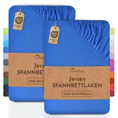 Immagine di NatureMark, confezione da 2 lenzuoli con angoli in jersey, disponibili molte misure e colori. Qualità certificata Öko Tex Standard 100, 100% cotone, blu royal, 2er Pack 180x200 200x200 cm